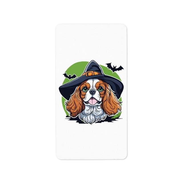 A dog wearing a witches hat with bats label (Front)