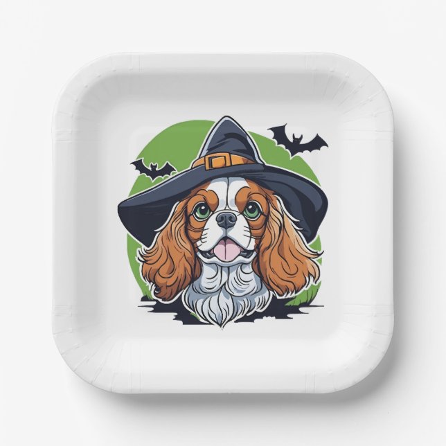 A dog wearing a witches hat with bats paper plates (Front)