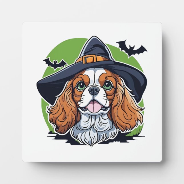 A dog wearing a witches hat with bats plaque (Front)