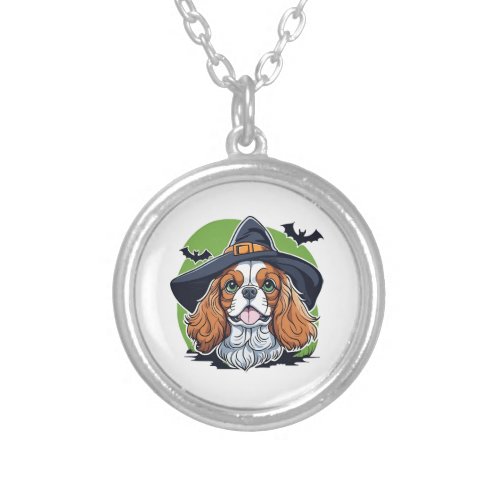 A dog wearing a witches hat with bats silver plated necklace