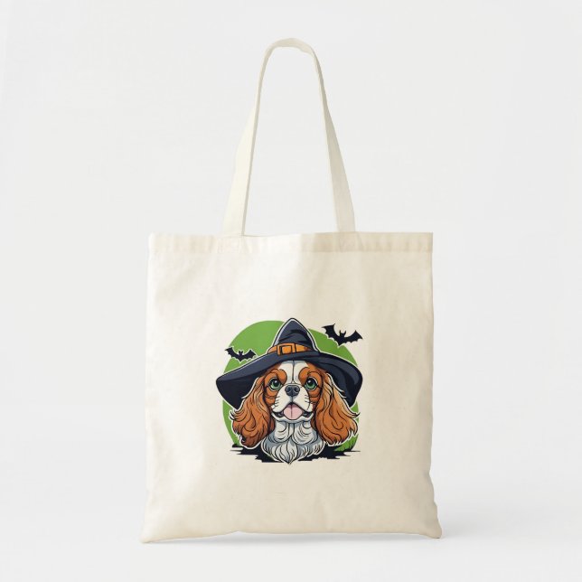 A dog wearing a witches hat with bats tote bag (Front)