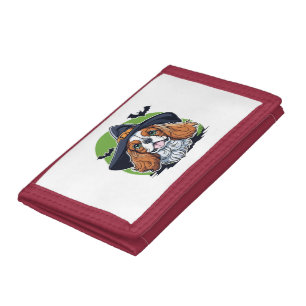 A dog wearing a witches hat with bats trifold wallet