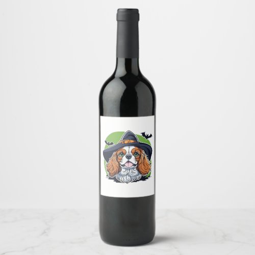 A dog wearing a witches hat with bats wine label