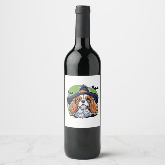 A dog wearing a witches hat with bats wine label (Front)