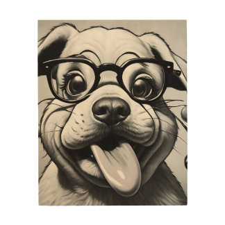 A dog wearing glasses in a black and white drawing wood wall art