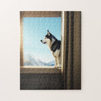 Dog looking out the window puzzle art