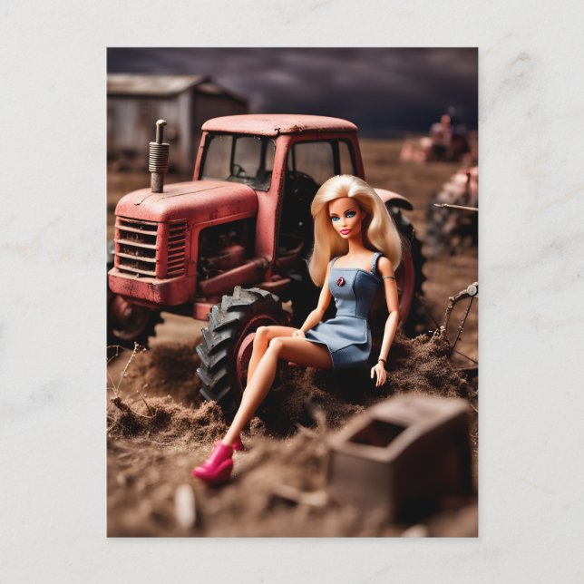 a doll on a post apocalyptic farm postcard (Front)