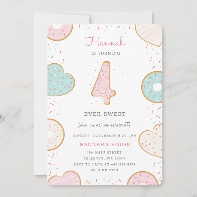 A Donut Four Birthday party invitation pink (Front)