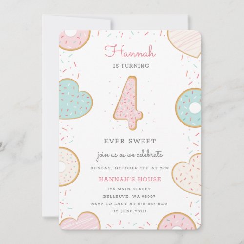 A Donut Four Birthday party invitation pink