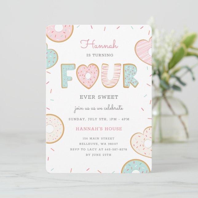 A Donut four-ever Birthday party invitation pink (Standing Front)