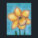 A Dotty Daffodil Postcard<br><div class="desc">A Dotty Daffodil is a simple floral featuring a yellow open daffodil bloom with orange red polka dots over a blue aqua mottled background.</div>