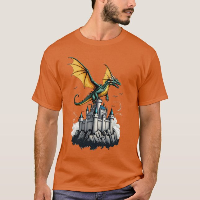a dragon flying over a castle T-Shirt (Front)