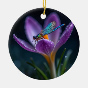 A dragonfly on a crocus flower ceramic ornament