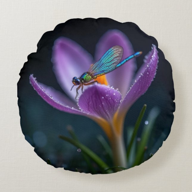 A dragonfly on a crocus flower round pillow (Front)