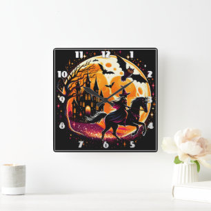 A Dramatic Halloween Horse Ride Under A Full Moon Square Wall Clock