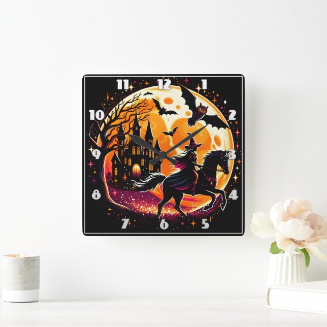 A Dramatic Halloween Horse Ride Under A Full Moon Square Wall Clock (Home)