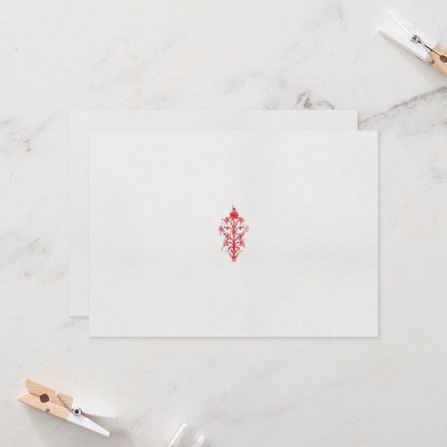 a drawing of a red flower and leaves on a white ba invitation (Front/Back In Situ)