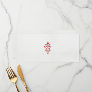 a drawing of a red flower and leaves on a white ba menu