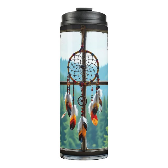 A Dreamcatcher in a Window overlooking Mountains Thermal Tumbler (Front)