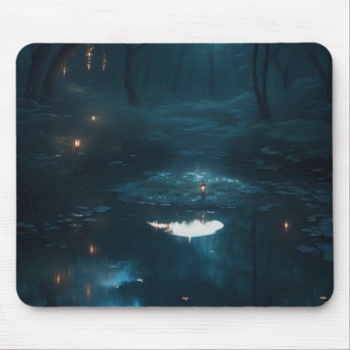 A Dreamy Moonlit Pond In A Dense Forest Mouse Pad