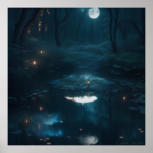 A Dreamy Moonlit Pond In A Dense Forest Poster