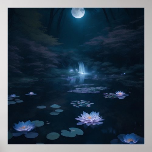 a dreamy moonlit pond in a dense forest poster