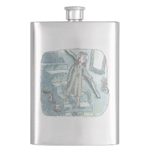 a dress illustration of a woman walking slowly wit flask