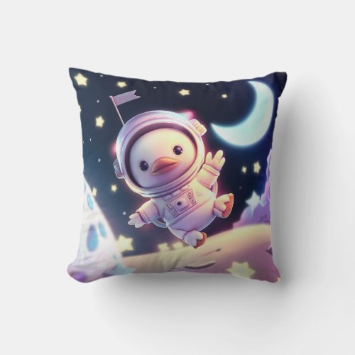 A Duck as an Astronaut with Crescent Moon in Back Throw Pillow