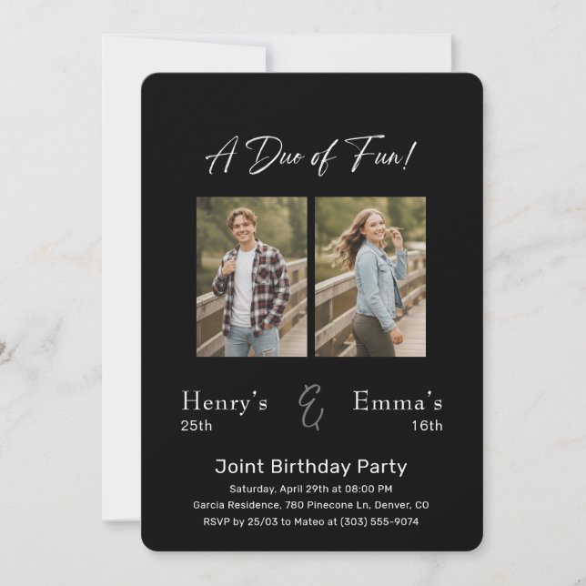 A Duo of Fun Photo Joint Double Birthday Party Invitation (Front)