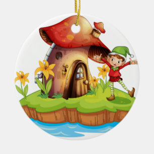 A dwarf outside a mushroom house ceramic ornament