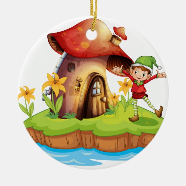 A dwarf outside a mushroom house ceramic ornament (Front)