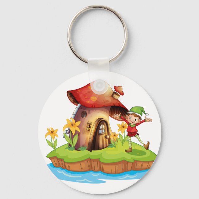 A dwarf outside a mushroom house keychain (Front)