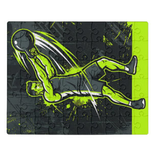 A dynamic neon green lineart illustration of a man jigsaw puzzle
