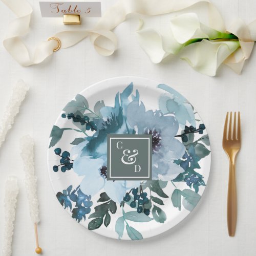 A _ Elegant Blue Flowers Paper Plate