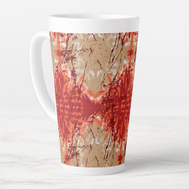A fabric displaying an orange and brown pattern, latte mug (Left Angle)