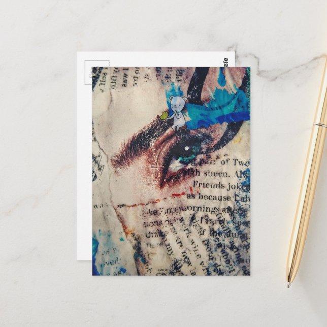 A face and words abstract mixed media collage postcard (Front/Back In Situ)