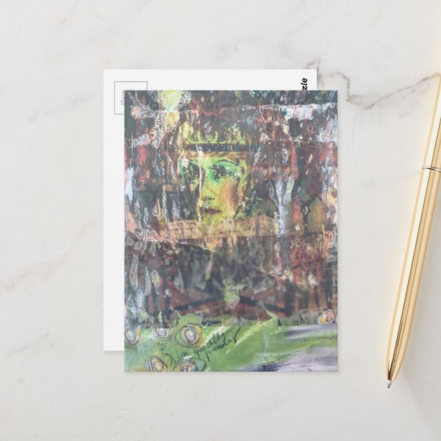 A face mixed media collage postcard (Front/Back In Situ)