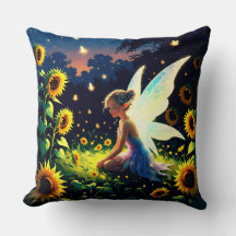 A Fairy and Fireflies with Sunflower Background