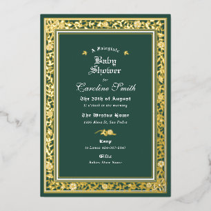 A Fairytale Forest Green and Gold Baby Shower Foil Invitation