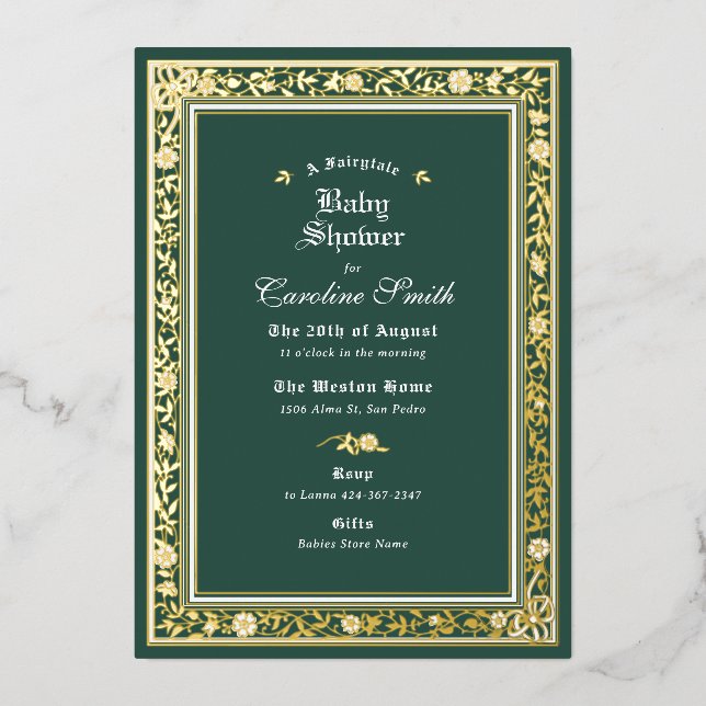 A Fairytale Forest Green and Gold Baby Shower Foil Invitation (Front)