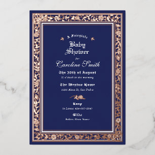A Fairytale Forest Navy Blue Rose Gold Baby Shower Foil Invitation