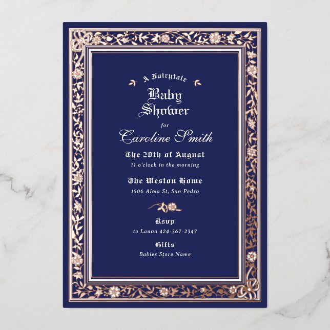 A Fairytale Forest Navy Blue Rose Gold Baby Shower Foil Invitation (Front)