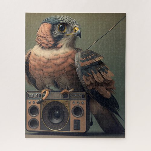 A falcon bump listening to an old radio jigsaw puzzle