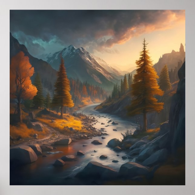 a fall landscape with trees, mountains, and a rive poster (Front)