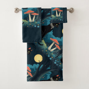 A Familiar Black Cat And Toadstools Halloween 1 Bath Towel Set