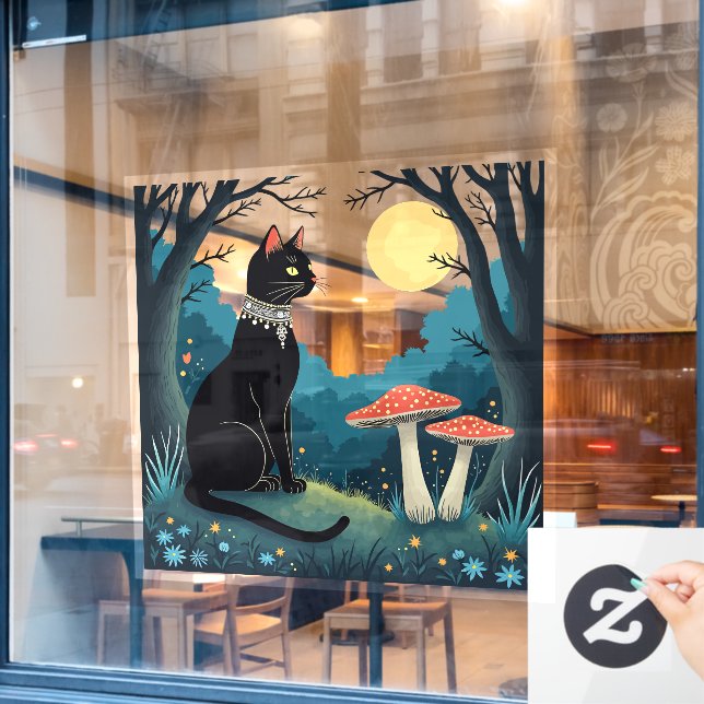 A Familiar Black Cat And Toadstools Halloween 1 Window Cling (Cafe Window)