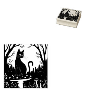 A Familiar Black Cat And Toadstools Halloween 3 Rubber Stamp