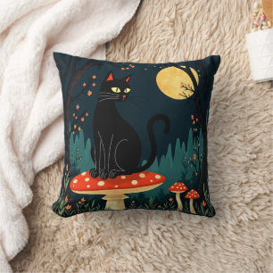 A Familiar Black Cat And Toadstools Halloween 3 Throw Pillow