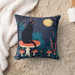 A Familiar Black Cat And Toadstools Halloween 4 Throw Pillow