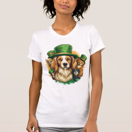 a family of dogs in stylish hats on St Patrick T_Shirt